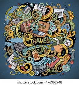 Cartoon cute doodles hand drawn traveling illustration. Colorful detailed, with lots of objects background. Funny vector artwork. Bright colors picture with travel planning theme items