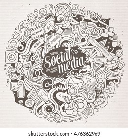 Cartoon cute doodles hand drawn social media illustration. Line art detailed, with lots of objects background. Funny vector artwork. Sketchy picture with internet theme items