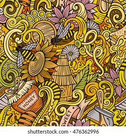 Cartoon cute doodles hand drawn Honey seamless pattern. Colorful detailed, with lots of objects background. Endless funny vector illustration.
