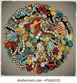 Cartoon cute doodles hand drawn Cinema illustration. Colorful detailed, with lots of objects background. Funny vector artwork. Bright colors picture with movie theme items