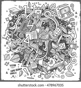 Cartoon cute doodles hand drawn School illustration. Line art detailed, with lots of objects background. Funny vector artwork. Sketchy picture with education theme items.