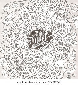 Cartoon cute doodles hand drawn traveling illustration. Line art detailed, with lots of objects background. Funny vector artwork. Sketchy picture with travel planning theme items