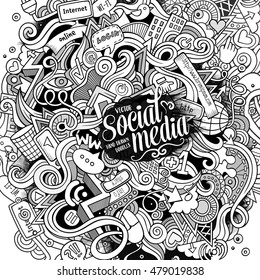 Cartoon cute doodles hand drawn social media illustration. Line art detailed, with lots of objects background. Funny vector artwork. Sketchy picture with internet theme items