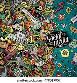 Cartoon cute doodles hand drawn internet illustration. Detailed, with lots of objects background. Funny vector artwork. Colorful picture with social media theme items.