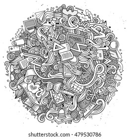 Cartoon cute doodles hand drawn School illustration. Line art detailed, with lots of objects background. Funny vector artwork. Sketchy picture with education theme items.
