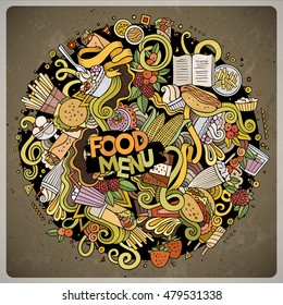 Cartoon cute doodles hand drawn Fastfood illustration. Colorful detailed, with lots of objects background. Funny vector artwork. Bright colors picture with fast food theme items