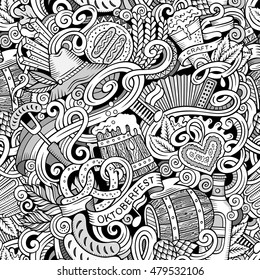 Cartoon cute doodles hand drawn Oktoberfest seamless pattern. Line art detailed, with lots of objects background. Endless funny vector illustration. Contour backdrop with beer symbols and items