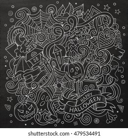 Cartoon cute doodles hand drawn Halloween illustration. Chalkboard detailed, with lots of objects background. Funny vector artwork. Line art picture with holiday theme items.