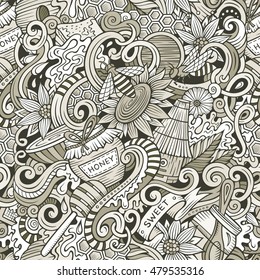 Cartoon cute doodles hand drawn Honey seamless pattern. Line art detailed, with lots of objects background. Endless sketchy funny vector illustration.