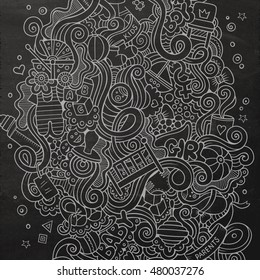Cartoon cute doodles hand drawn Baby illustration. Chalkboard detailed, with lots of objects background. Funny vector artwork. Line art picture with children theme items