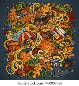 Cartoon cute doodles hand drawn autumn illustration. Colorful detailed, with lots of objects background. Funny vector artwork. Bright colors picture with fall season theme items