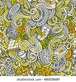 Cartoon cute doodles hand drawn Electric vehicle seamless pattern. Colorful detailed, with lots of objects background. Endless funny vector illustration. backdrop with eco cars symbols and items