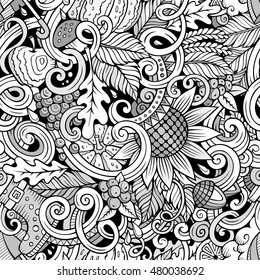 Cartoon cute doodles hand drawn autumn seamless pattern. Monochrome detailed, with lots of objects background. Endless funny vector illustration. Line art backdrop with fall season symbols and items
