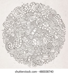 Cartoon cute doodles hand drawn cinema frame design. Line art detailed, with lots of objects background. Funny vector illustration. Sketchy border with movie theme items