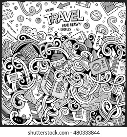 Cartoon cute doodles hand drawn Travel frame design. Line art detailed, with lots of objects background. Funny vector illustration. Sketchy border with traveling theme items