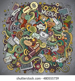 Cartoon cute doodles hand drawn social media illustration. Colorful detailed, with lots of objects background. Funny vector artwork. Bright colors picture with internet items. Square composition.