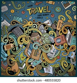 Cartoon cute doodles hand drawn Travel frame design. Colorful detailed, with lots of objects background. Funny vector illustration. Bright colors border with traveling theme items
