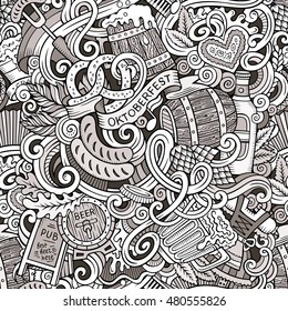 Cartoon cute doodles hand drawn Oktoberfest seamless pattern. Line art detailed, with lots of objects background. Endless funny vector illustration. Contour backdrop with beer symbols and items