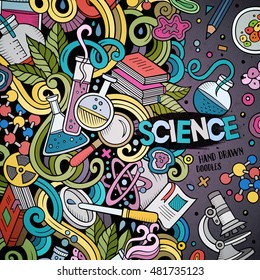 Cartoon cute doodles hand drawn Science frame design. Line art detailed, with lots of objects background. Funny vector illustration. Sketchy border with scientific theme items