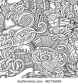 Cartoon cute doodles hand drawn Oktoberfest seamless pattern. Line art detailed, with lots of objects background. Endless funny vector illustration. Contour backdrop with beer symbols and items