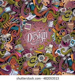 Cartoon cute doodles hand drawn design frame concept. Colorful detailed, with lots of objects background. Funny vector illustration. Bright colors border with designer theme items