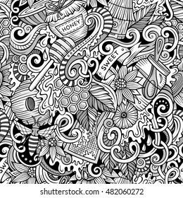 Cartoon cute doodles hand drawn Honey seamless pattern. Line art detailed, with lots of objects background. Endless sketchy funny vector illustration.