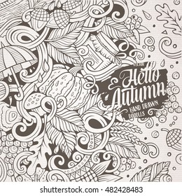 Cartoon cute doodles hand drawn Autumn frame design. Line art detailed, with lots of objects background. Funny vector illustration. Sketchy border with fall theme items