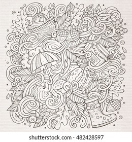 Cartoon cute doodles hand drawn autumn illustration. Line art detailed, with lots of objects background. Funny vector artwork. Sketchy picture with fall season theme items