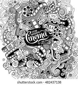 Cartoon cute doodles hand drawn cinema frame design. Line art detailed, with lots of objects background. Funny vector illustration. Sketchy border with movie theme items