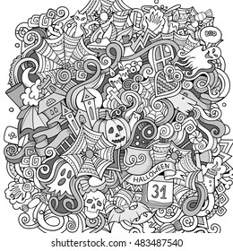 Cartoon cute doodles hand drawn Halloween illustration. Line art detailed, with lots of objects background. Funny vector artwork. Sketched picture with holiday theme items.