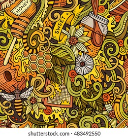 Cartoon cute doodles hand drawn Honey seamless pattern. Colorful detailed, with lots of objects background. Endless funny vector illustration.