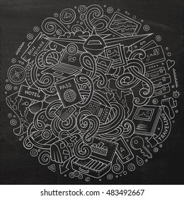 Cartoon cute doodles hand drawn traveling illustration. Line art detailed, with lots of objects background. Funny vector artwork. Chalk board picture with travel planning theme items