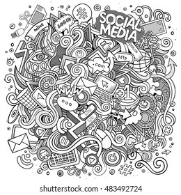 Cartoon cute doodles hand drawn social media illustration. Line art detailed, with lots of objects background. Funny vector artwork. Sketchy picture with internet theme items