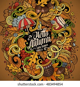 Cartoon cute doodles hand drawn autumn illustration. Colorful detailed, with lots of objects background. Funny vector artwork. Bright colors picture with fall season theme items