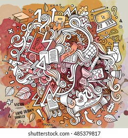 Cartoon cute doodles hand drawn School illustration. Watercolor detailed, with lots of objects background. Funny vector artwork. Paint picture with education theme items.