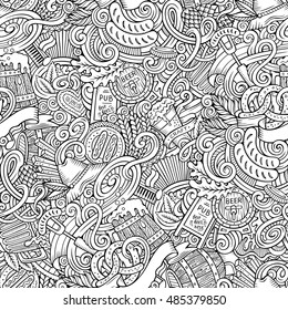 Cartoon cute doodles hand drawn Beer seamless pattern. Line art detailed, with lots of objects background. Endless funny vector illustration. Contour backdrop.