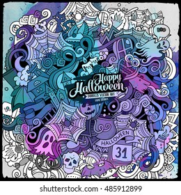 Cartoon cute doodles hand drawn Halloween illustration. Watercolor detailed, with lots of objects background. Funny vector artwork. Paint picture with holiday theme items.