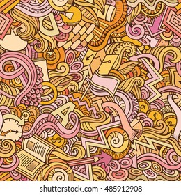 Cartoon cute doodles hand drawn Idea seamless pattern. Colorful detailed, with lots of objects background. Endless funny vector illustration