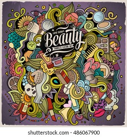 Cartoon cute doodles hand drawn Beauty illustration. Colorful detailed, with lots of objects background. Funny vector artwork. Bright colors picture with cosmetics theme items