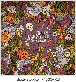 Cartoon cute doodles hand drawn Happy Halloween frame design. Colorful detailed, with lots of objects background. Funny vector illustration. Bright colors border