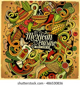 Cartoon cute doodles hand drawn Mexican food illustration. Colorful detailed, with lots of objects background. Funny vector artwork. Bright colors picture with Mexico cuisine theme items