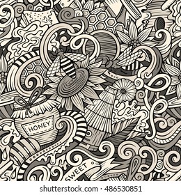 Cartoon cute doodles hand drawn Honey seamless pattern. Line art detailed, with lots of objects background. Endless sketchy funny vector illustration.