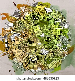 Cartoon cute doodles hand drawn School illustration. Watercolor detailed, with lots of objects background. Funny vector artwork. Paint picture with education theme items.