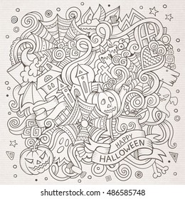Cartoon cute doodles hand drawn Halloween illustration. Line art detailed, with lots of objects background. Funny vector artwork. Sketched picture with holiday theme items.