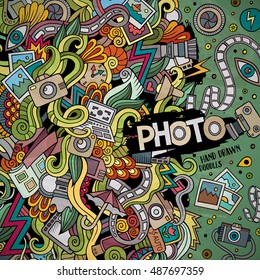Cartoon süße Doodles handgezeichnete Fotografien. Farbige Details, mit vielen Objekten Hintergrund. Frische Vektorgrafiken. Bild mit Themen zum Thema Fotografie