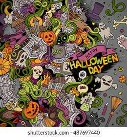 Cartoon cute doodles hand drawn Happy Halloween frame design. Colorful detailed, with lots of objects background. Funny vector illustration. Bright colors border