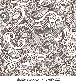 Cartoon cute doodles hand drawn Africa seamless pattern. Line art detailed, with lots of objects background. Endless funny vector illustration. Drawing backdrop with african symbols and items