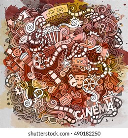 Cartoon cute doodles hand drawn cinema frame design. Watercolor detailed, with lots of objects background. Funny vector illustration. Paint border with movie theme items