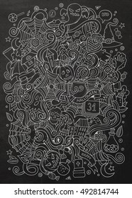 Cartoon cute doodles hand drawn Halloween illustration. Chalkboard detailed, with lots of objects background. Funny vector artwork. Line art picture with holiday theme items.