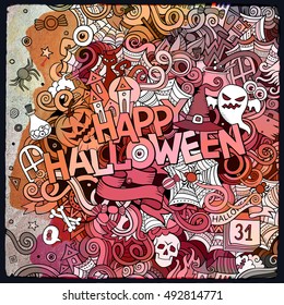 Cartoon cute doodles hand drawn Happy Halloween illustration. Bright colors picture with holiday theme items.